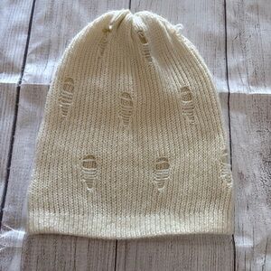 Cream Knit Distressed Grunge Slouchy Beanie Hat